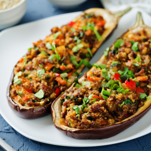 Berenjenas rellenas al horno con verduras y quinoa fáciles y rápidas