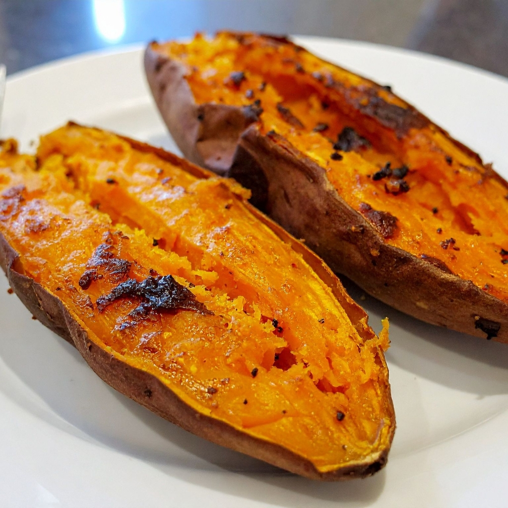 Batatas asadas al horno abiertas, con interior tierno y color naranja intenso