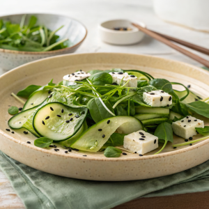 Pepino español en ensalada verde con queso fresco