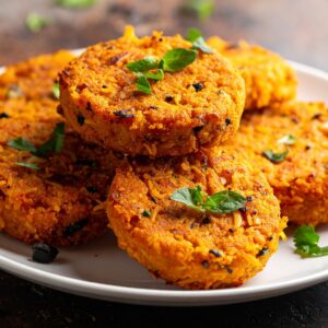 Hamburguesas caseras de boniato doradas y servidas en plato