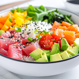 Poke bol casero con aguacate hass en dados