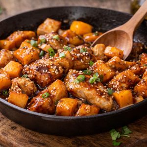 Pollo salteado con dados de kaki persimon y salsa de soja