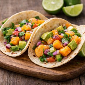 Tacos rellenos de kaki persimon y aguacate