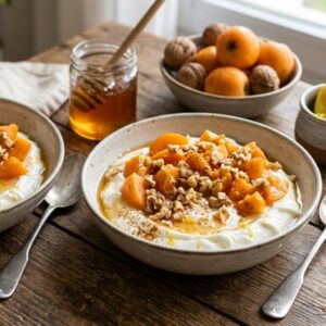 Bol de yogur con nísperos frescos, nueces y miel para desayuno saludable