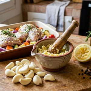 Pollo al horno con majado de ajo pelado fresco y limón