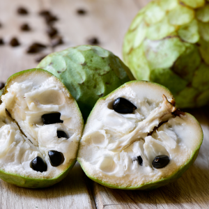 Chirimoya fresca, abierta con semillas negras y pulpa blanca