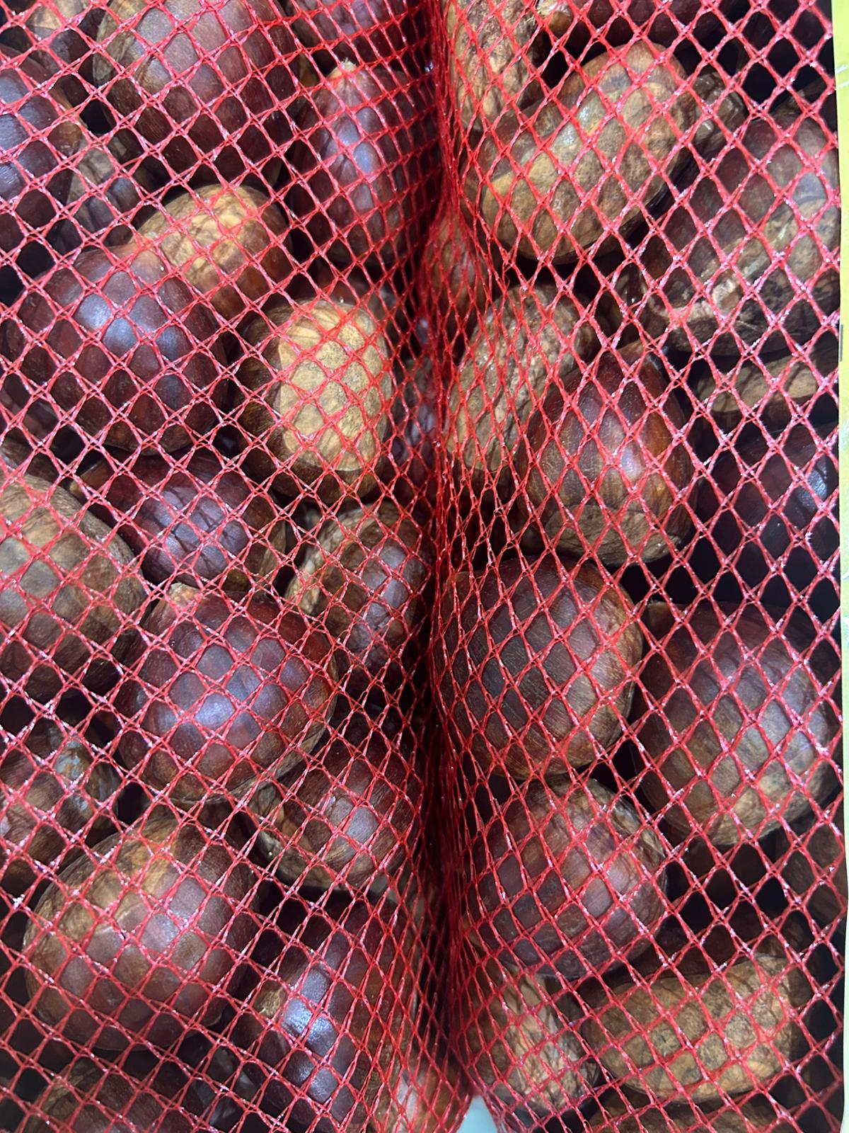 Castañas frescas en malla roja listas para disfrutar. Disfrutaonline