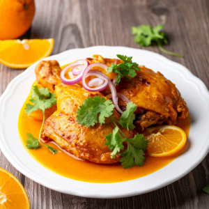 Plato de pollo a la naranja con navel campo y cilantro fresco