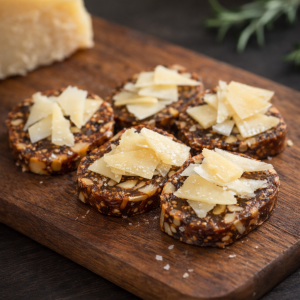 Rodajas de pan de higo almendrado con queso curado sobre tabla de madera