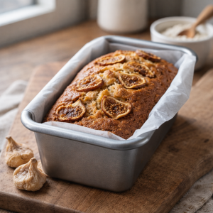 Bizcocho casero de higos secos recién horneado en molde