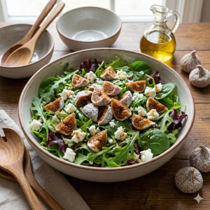 Ensalada templada con higos secos y hojas verdes