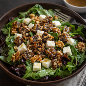 Ensalada templada de hojas verdes con pan de higo, queso fresco y nueces