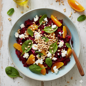 Ensalada de remolacha cocida con naranja, espinacas y queso