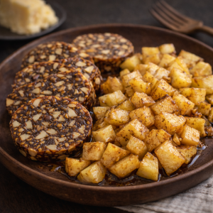 Rodajas de pan de higo con manzana salteada y canela