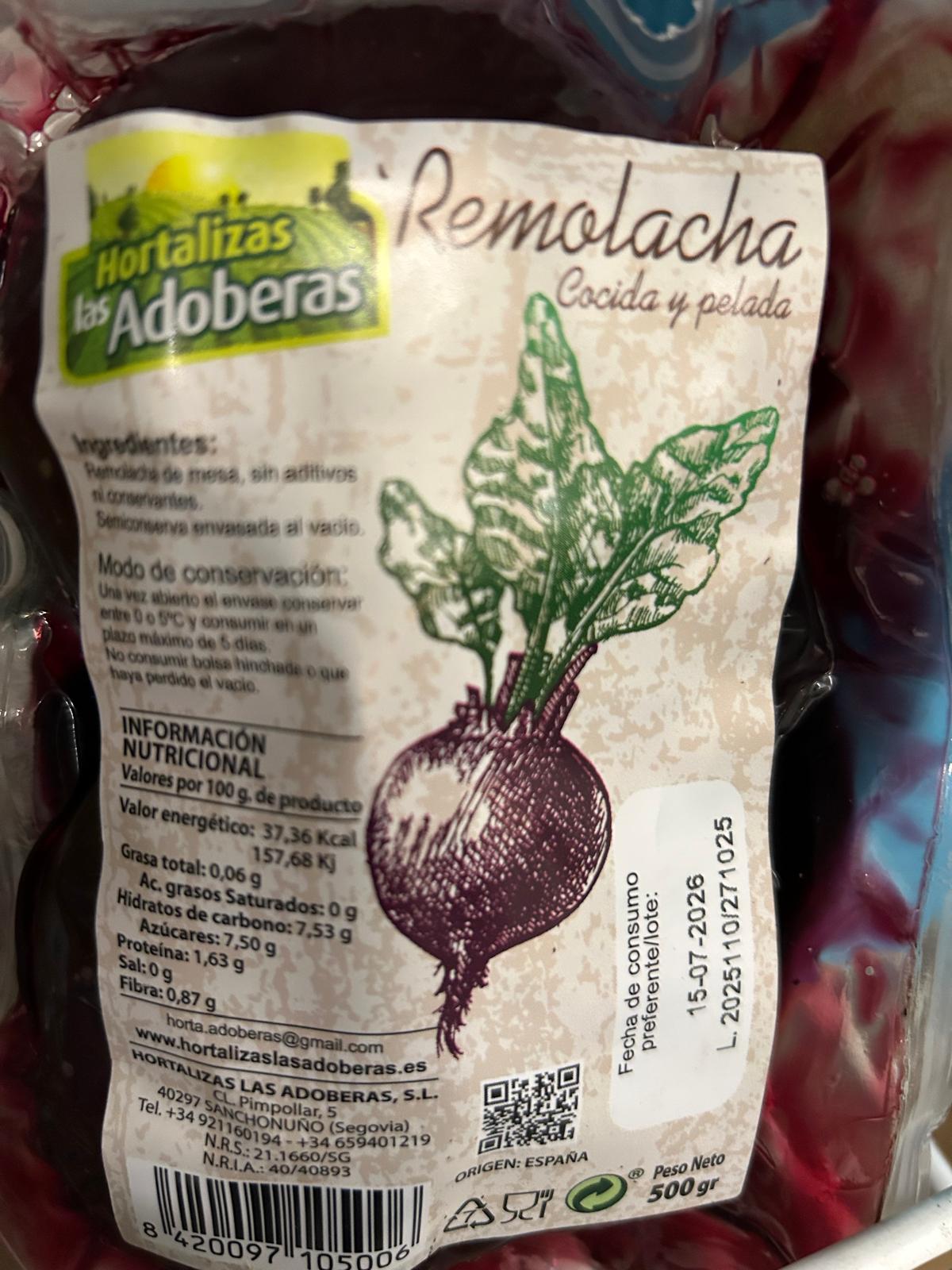 Remolacha cocida y pelada 500 g envasada al vacío