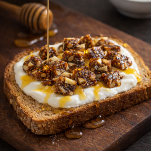 Tostada integral con yogur natural, pan de higo y miel