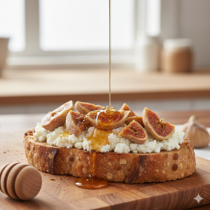 Tosta dulce con higos secos, queso fresco y miel.