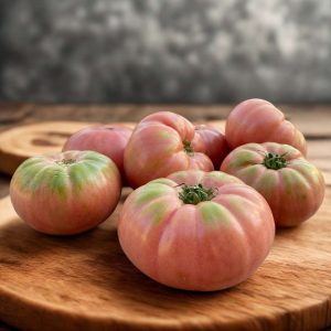 Tomates morados frescos enteros sobre tabla de madera, venta por kg en DisfrutaOnline