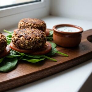 Hamburguesitas de alubia canela con tomate y espinacas